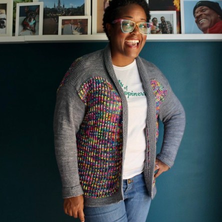 DWJ in her rainbow Linus cardigan