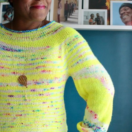 DWJ in a sweater made with Lemonade Shop yarn