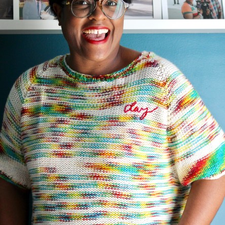 DWJ in a custom rainbow knit with embroidery