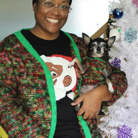 DWJ and Jellybean in Festive Flannel cardigans