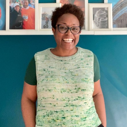 DWJ wearing a speckled green Low-key vest