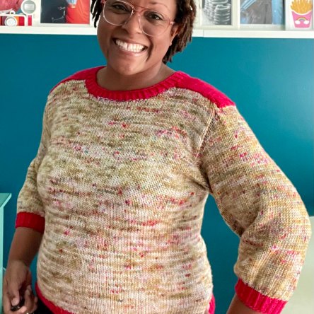 DWJ in a saddle shoulder sweater