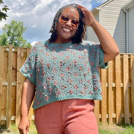 DWJ in a cotton Pressed Flowers Pullover for summer.