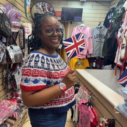 DWJ wearing the Call Me London Jumper in London