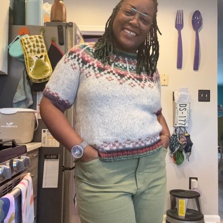 DWJ in her knit Bergman sweater.