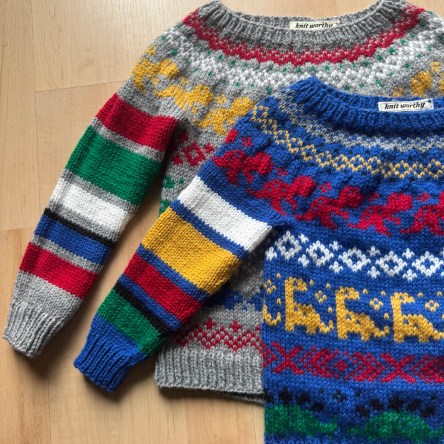 Dinosaur sweaters knit by DWJ