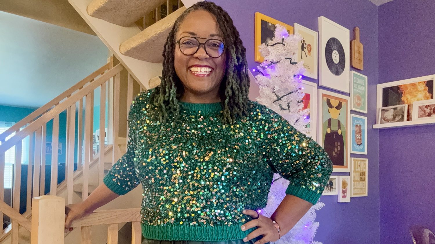 DWJ In her sequin Lento sweater knit with unicorn tears yarn.