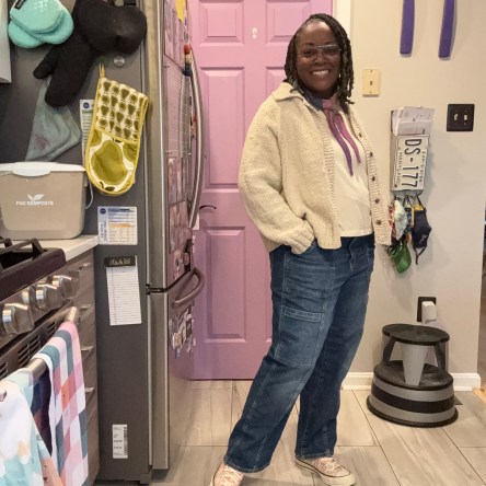 DWJ in her basil cardigan by Savory Knitting